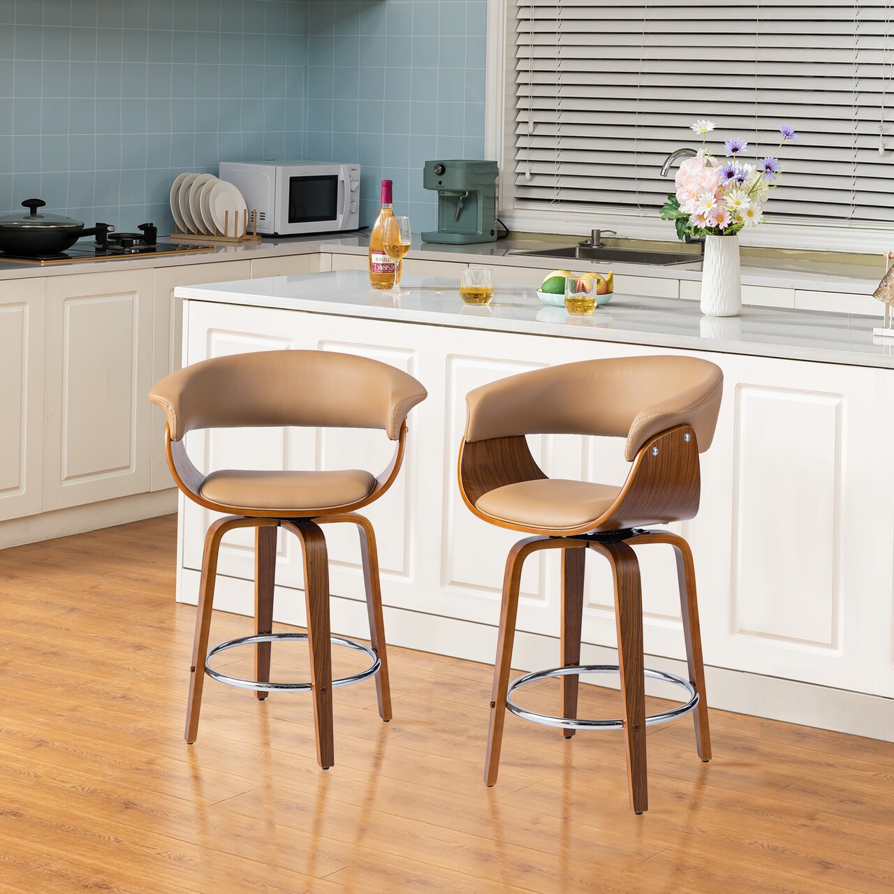 Set of 2/4 Mid-century Modern Leatherette Swivel Bar Stools/Counter Stools with Walnut Bentwood Frame